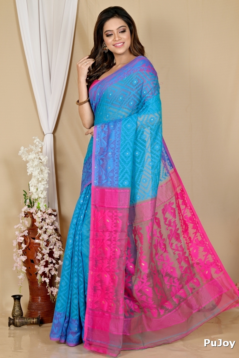 Blue Purple Blended Cotton Krokai Jamdani Saree (1702)