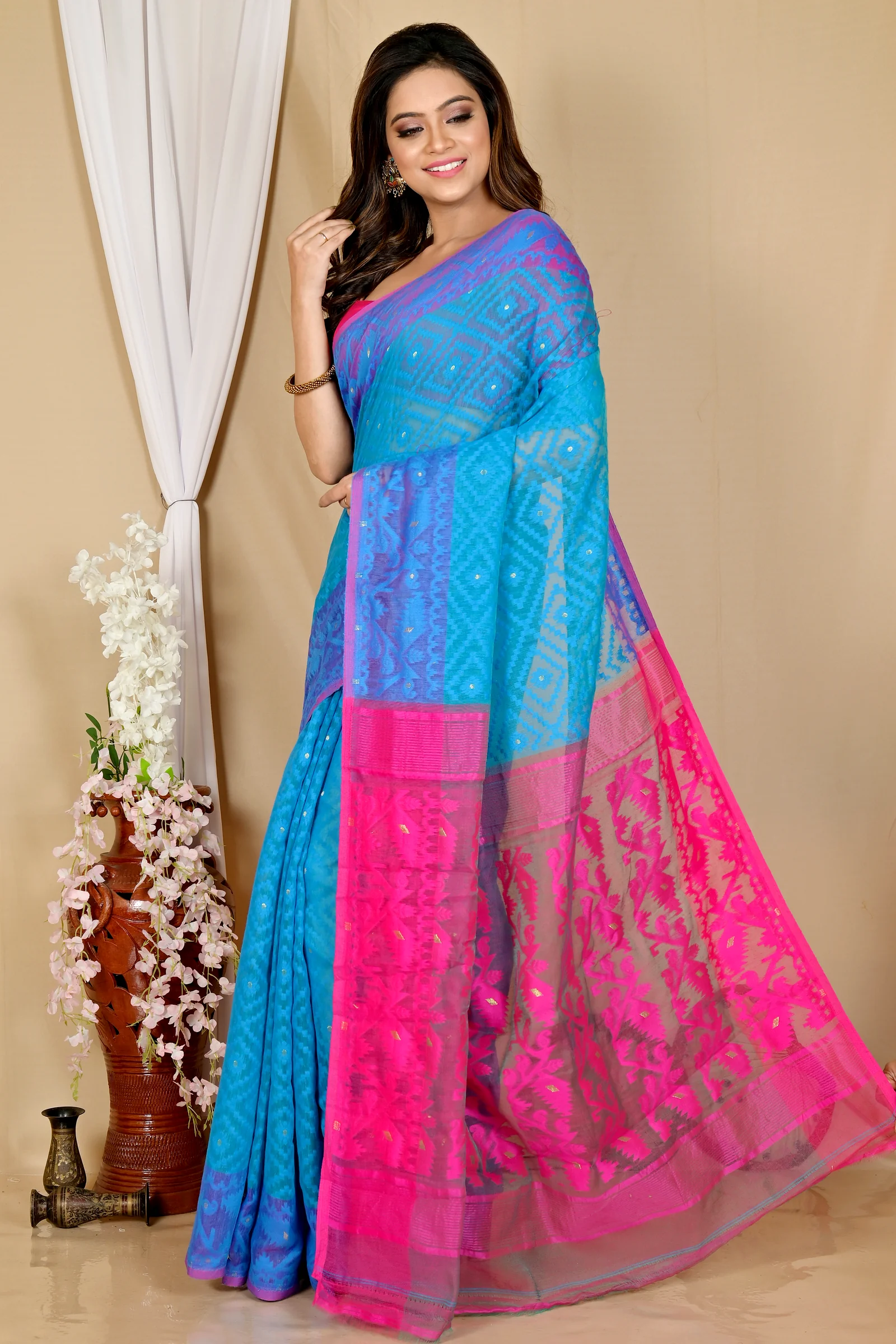 Blue Purple Blended Cotton Krokai Jamdani Saree (1702)