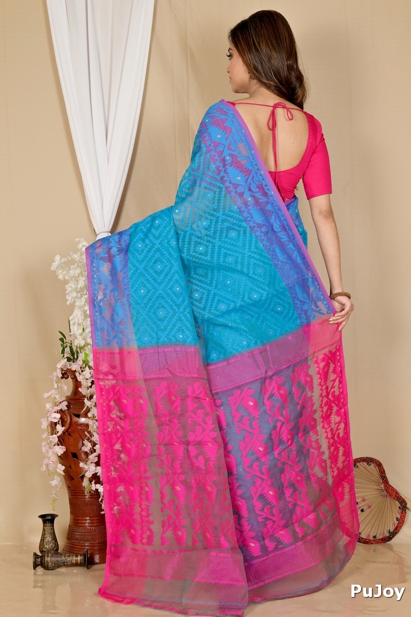 Blue Purple Blended Cotton Krokai Jamdani Saree (1702)