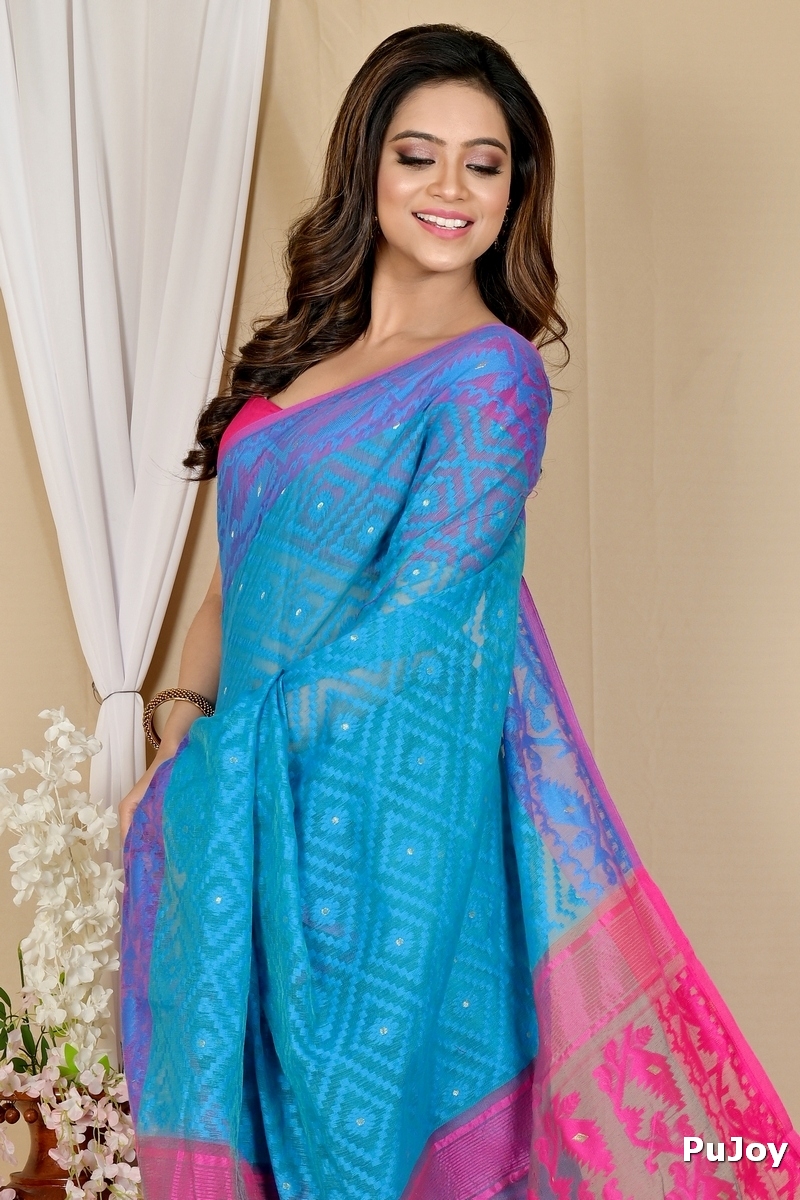 Blue Purple Blended Cotton Krokai Jamdani Saree (1702)