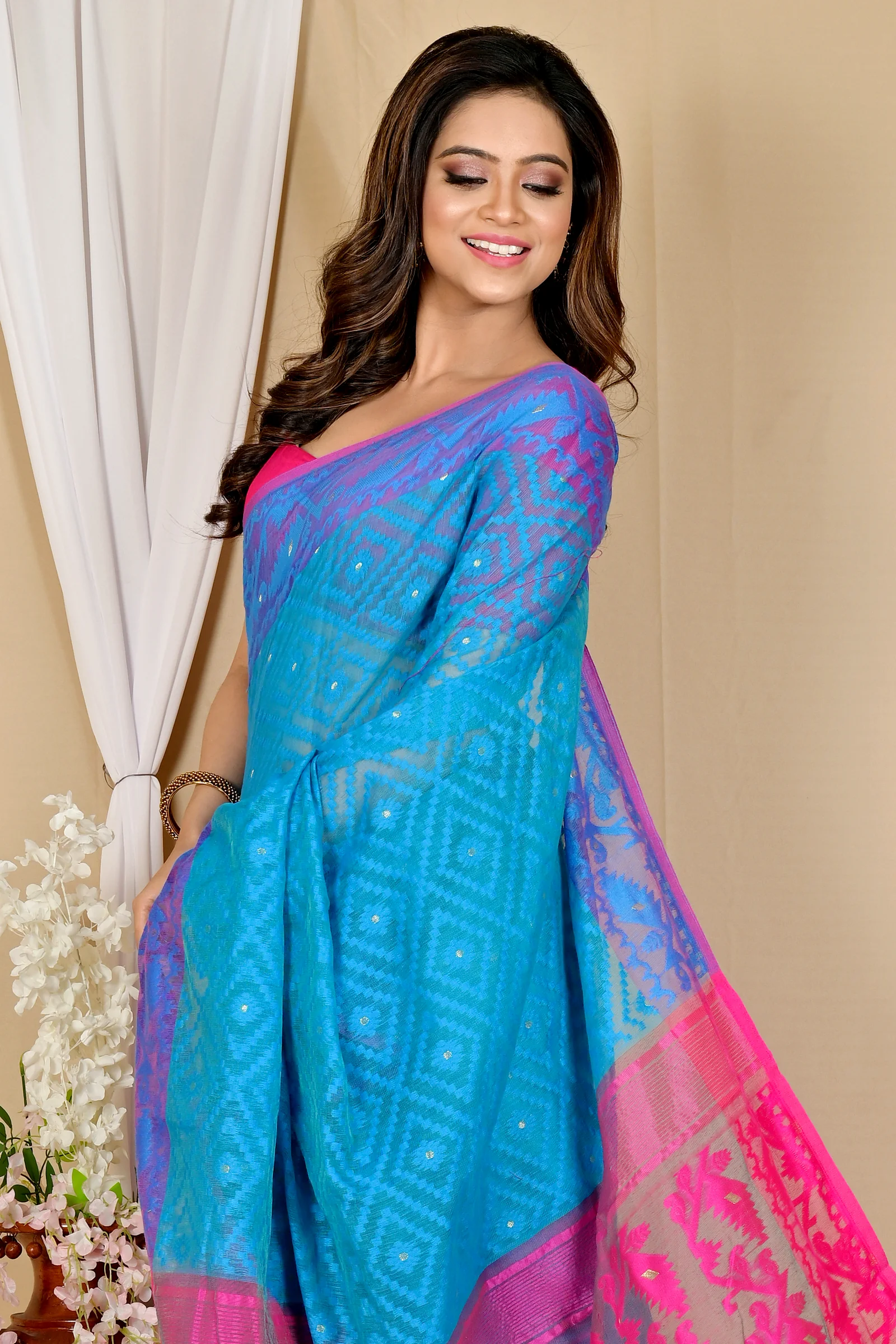 Blue Purple Blended Cotton Krokai Jamdani Saree (1702)