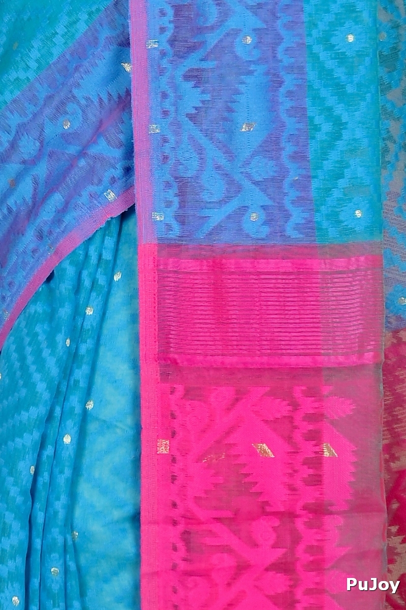 Blue Purple Blended Cotton Krokai Jamdani Saree (1702)