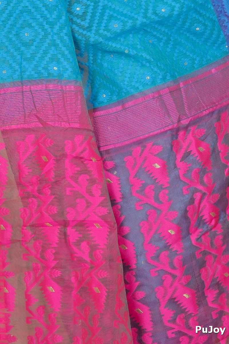 Blue Purple Blended Cotton Krokai Jamdani Saree (1702)