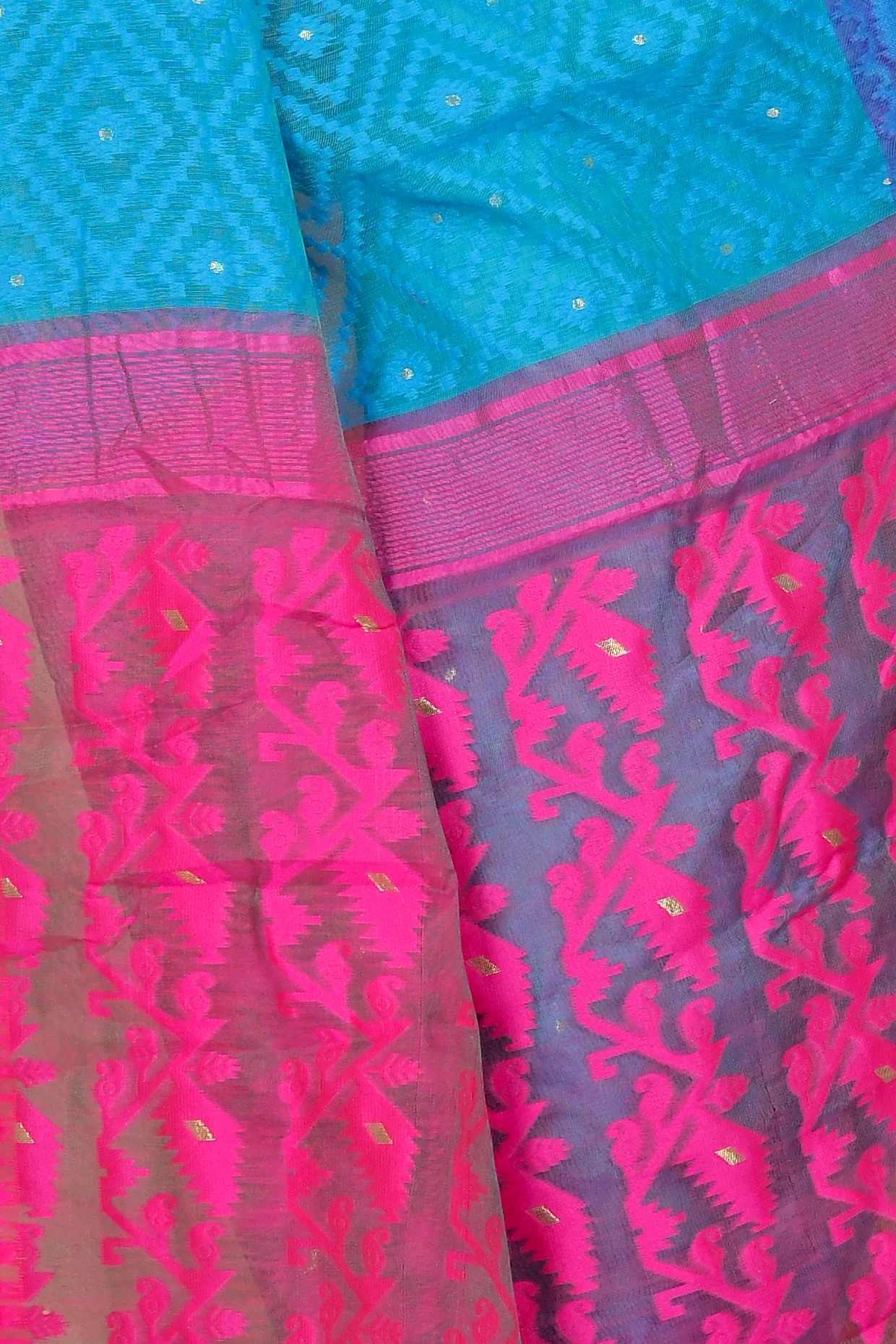 Blue Purple Blended Cotton Krokai Jamdani Saree (1702)