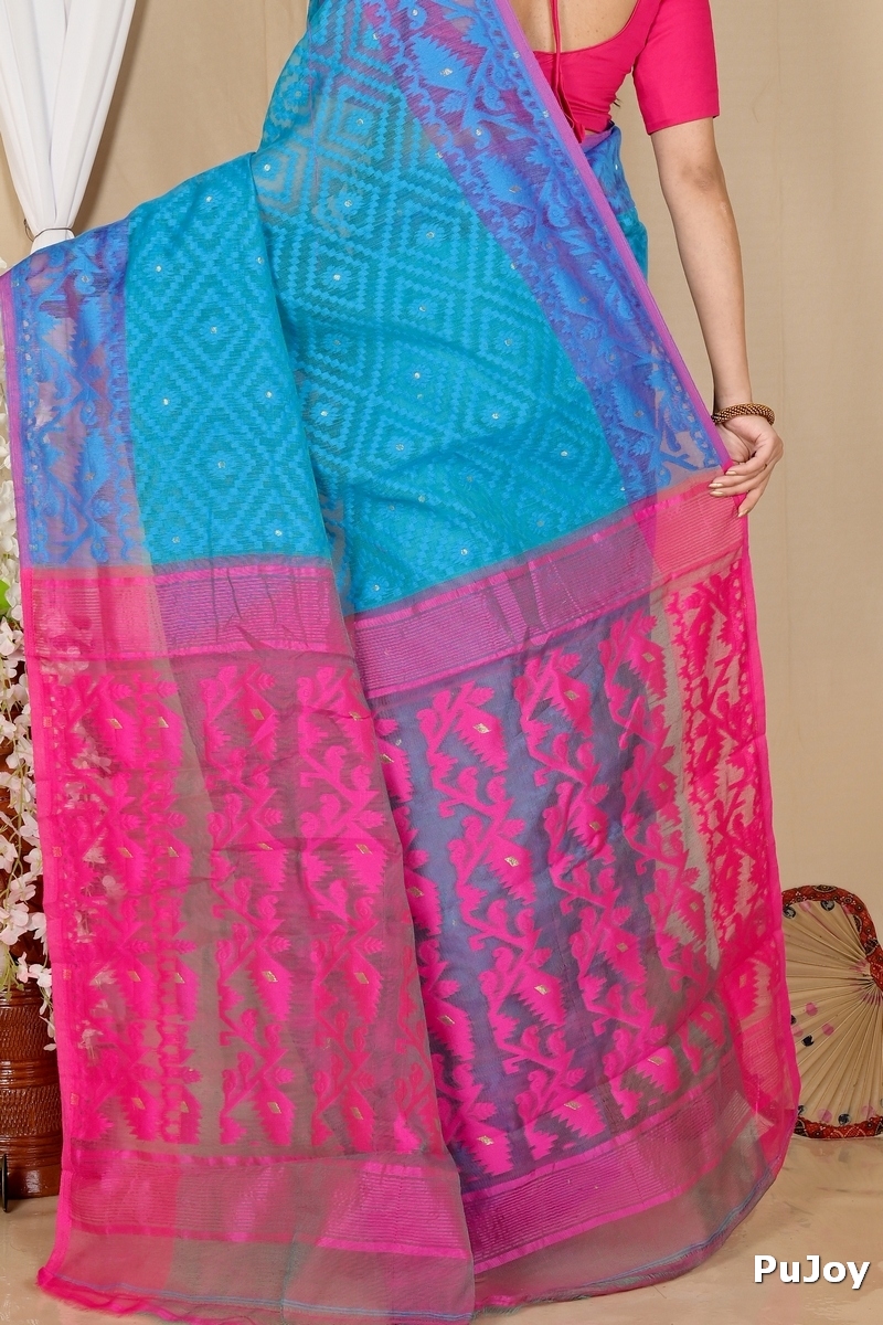 Blue Purple Blended Cotton Krokai Jamdani Saree (1702)