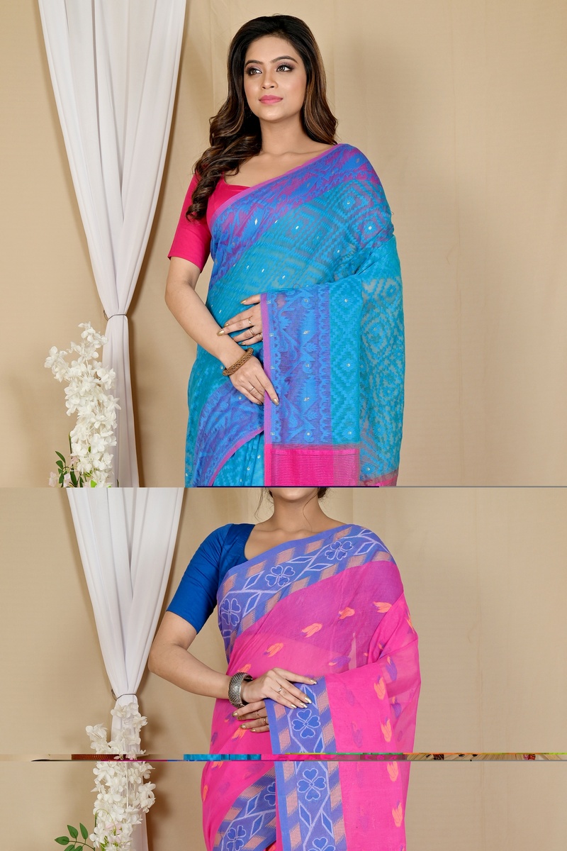 Blue Purple Blended Cotton Krokai Jamdani Saree (1702)