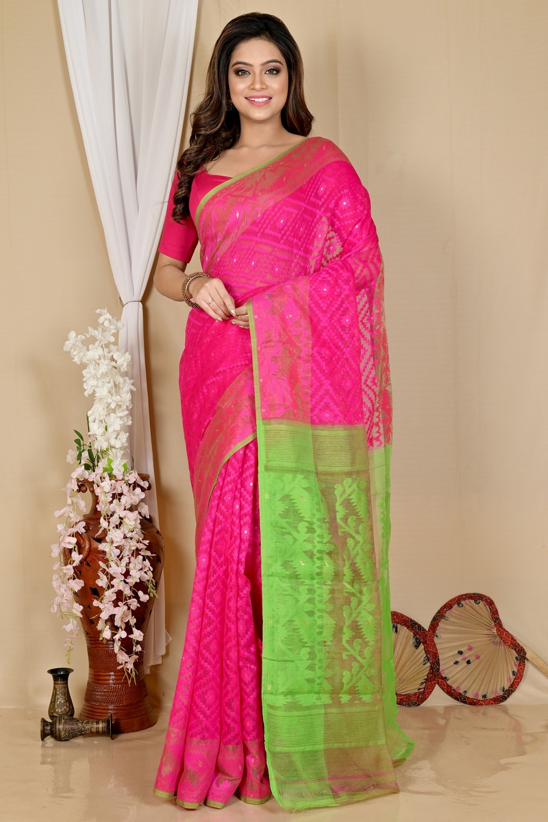 Purple Green Blended Cotton Krokai Jamdani Saree (1703)