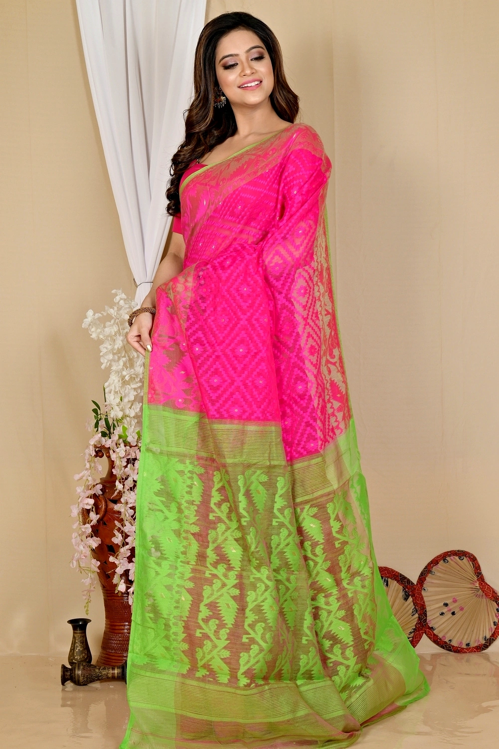 Purple Green Blended Cotton Krokai Jamdani Saree (1703)