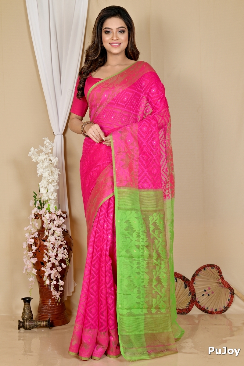 Purple Green Blended Cotton Krokai Jamdani Saree (1703)