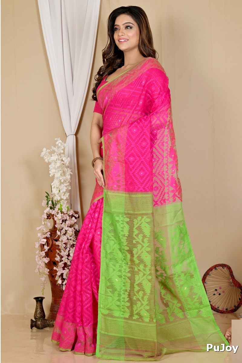 Purple Green Blended Cotton Krokai Jamdani Saree (1703)