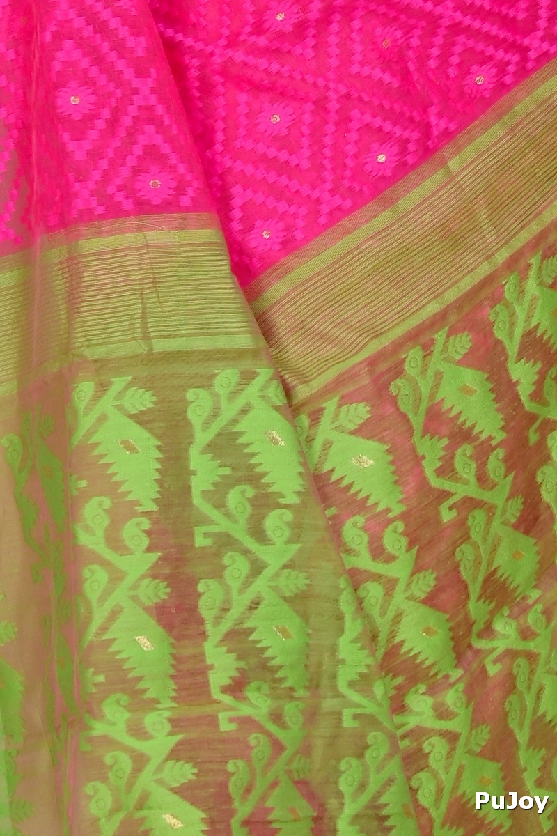 Purple Green Blended Cotton Krokai Jamdani Saree (1703)