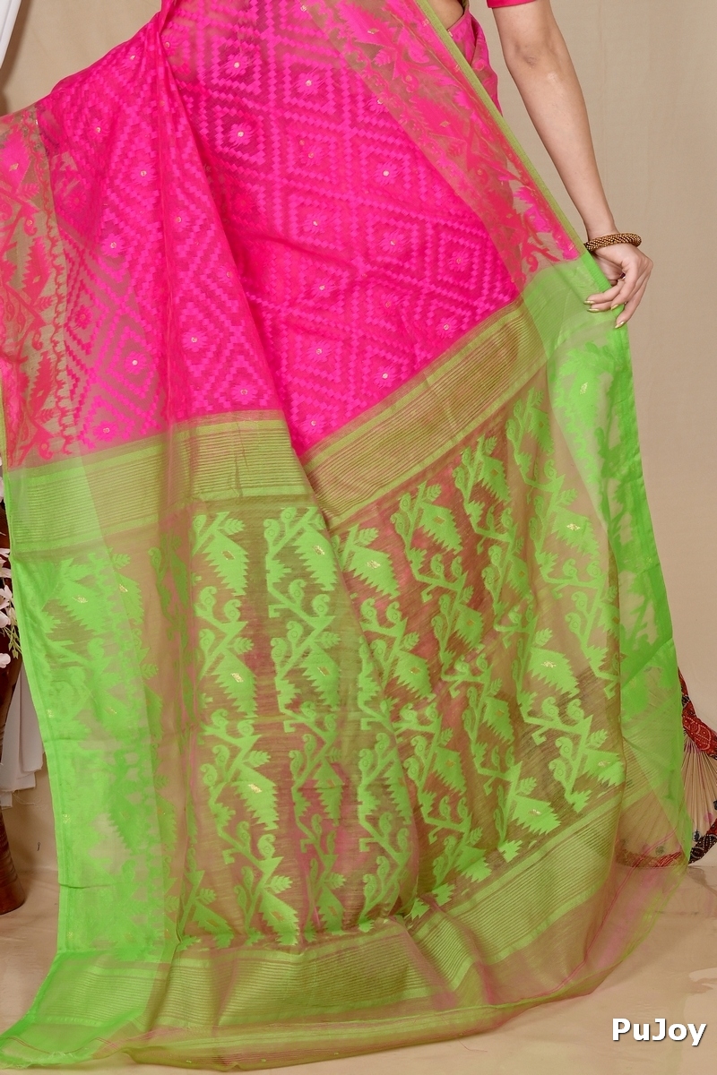 Purple Green Blended Cotton Krokai Jamdani Saree (1703)