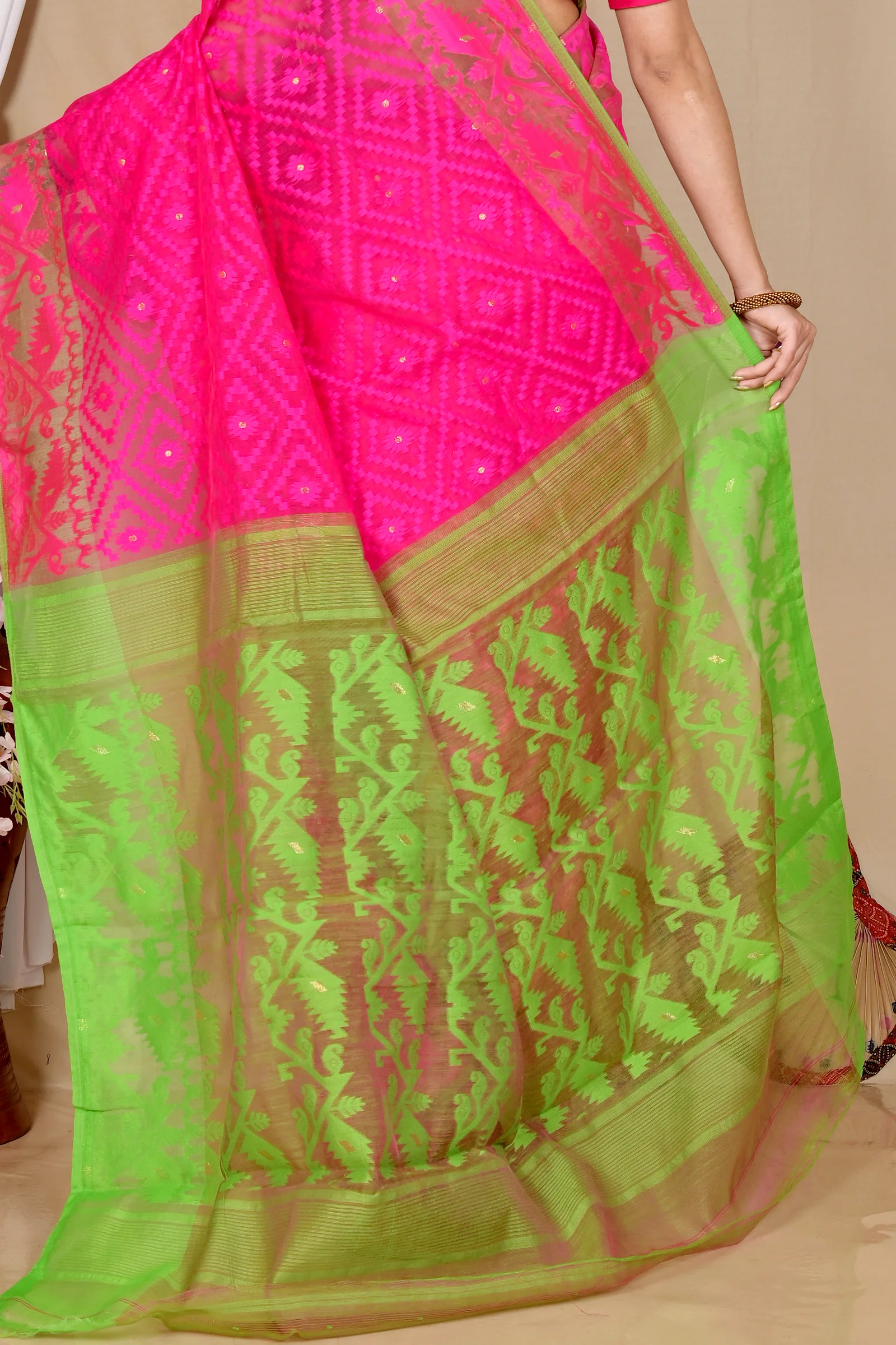 Purple Green Blended Cotton Krokai Jamdani Saree (1703)