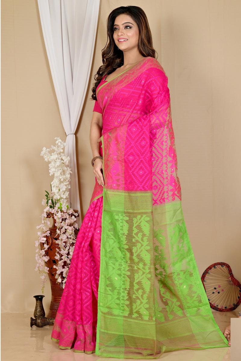 Purple Green Blended Cotton Krokai Jamdani Saree (1703)