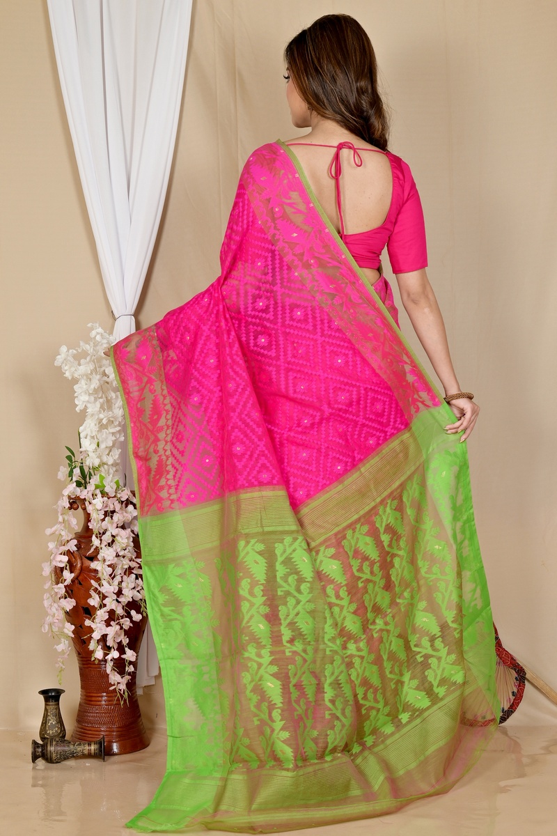 Purple Green Blended Cotton Krokai Jamdani Saree (1703)