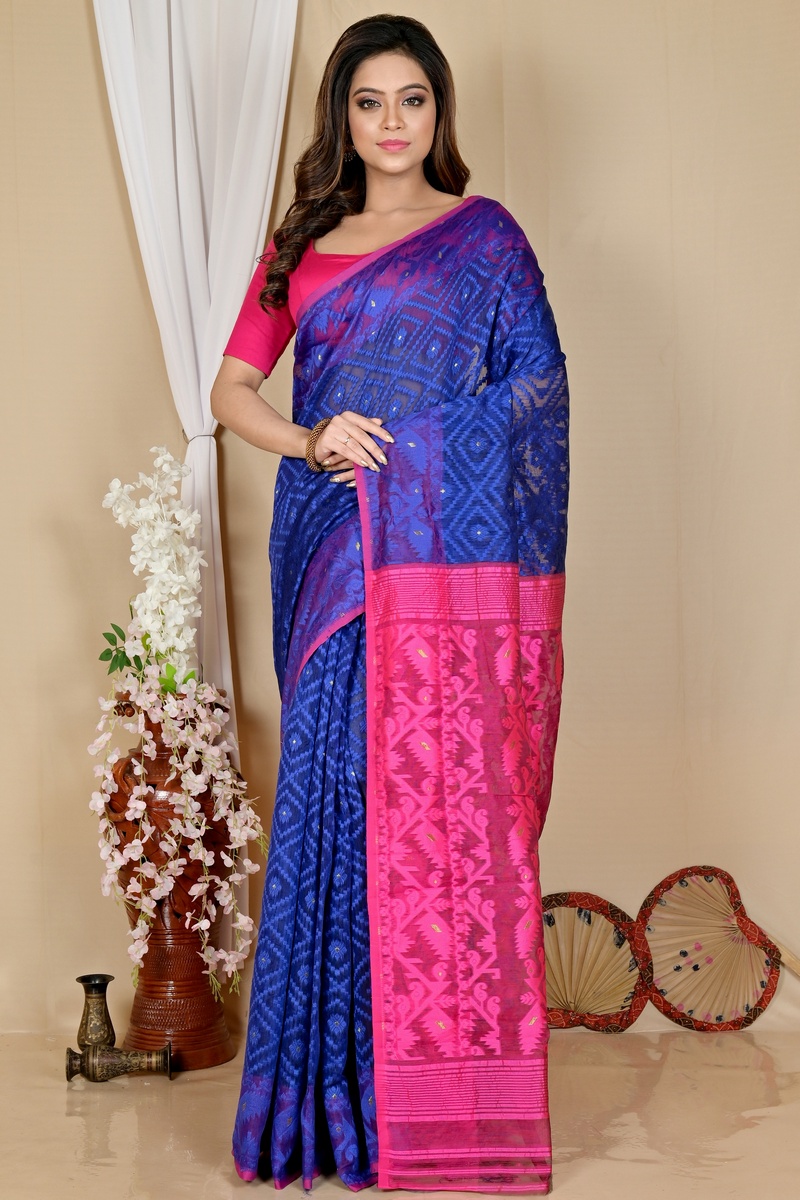 Blue Purple Blended Cotton Krokai Jamdani Saree (1704)