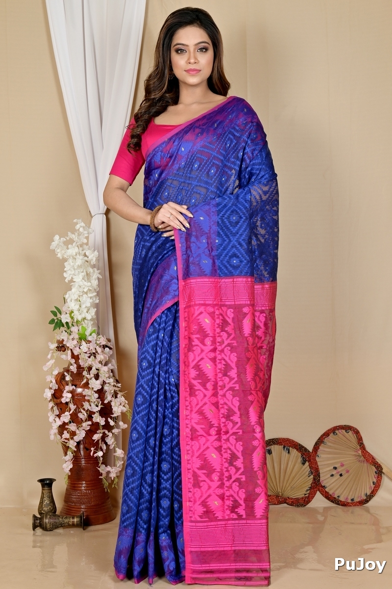 Blue Purple Blended Cotton Krokai Jamdani Saree (1704)