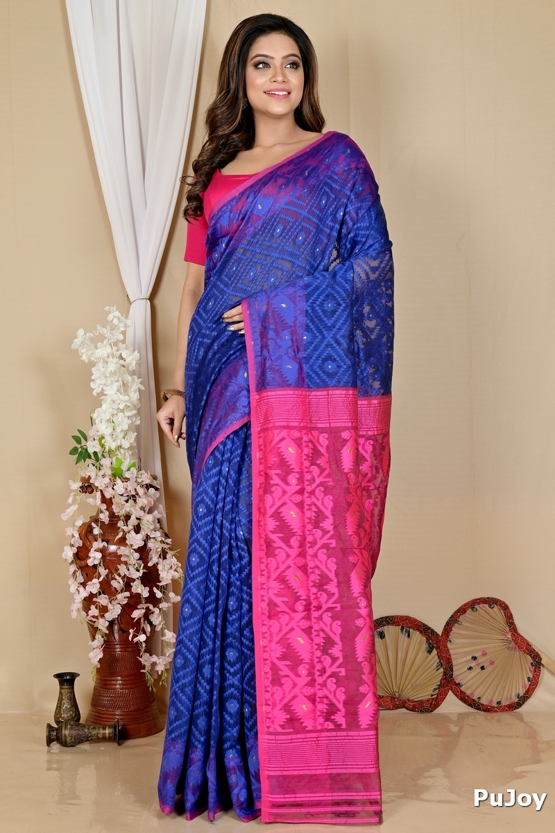 Blue Purple Blended Cotton Krokai Jamdani Saree (1704)