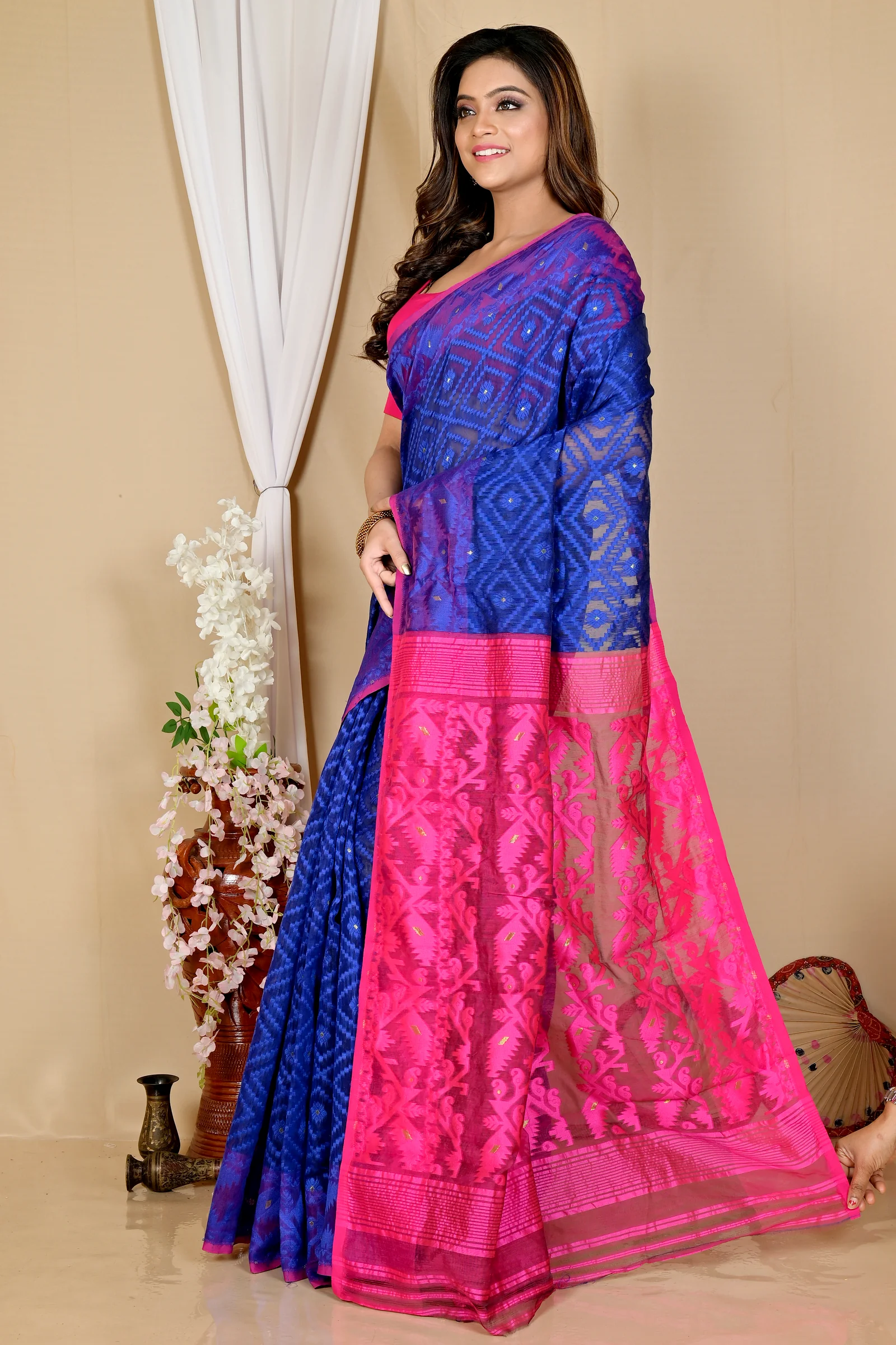Blue Purple Blended Cotton Krokai Jamdani Saree (1704)