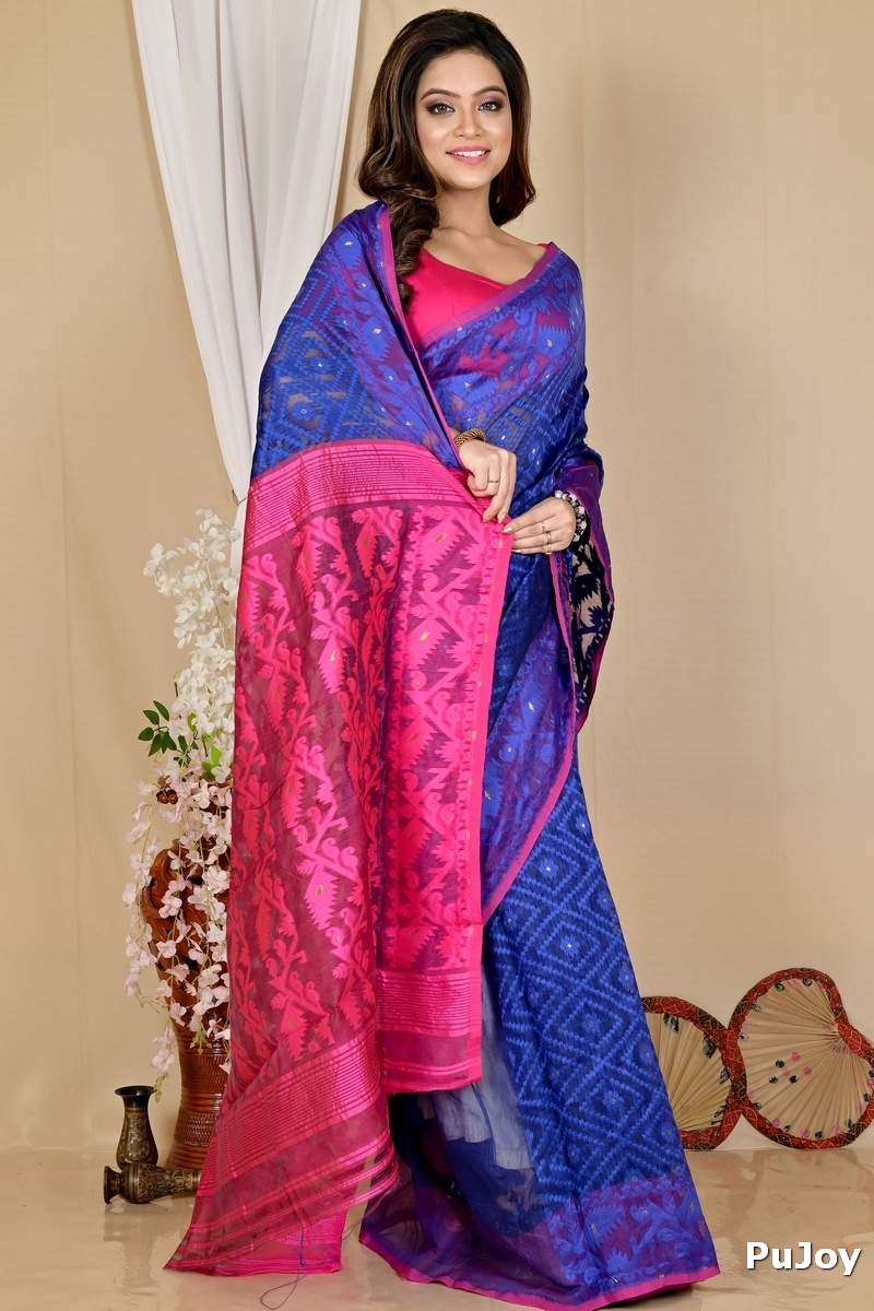 Blue Purple Blended Cotton Krokai Jamdani Saree (1704)