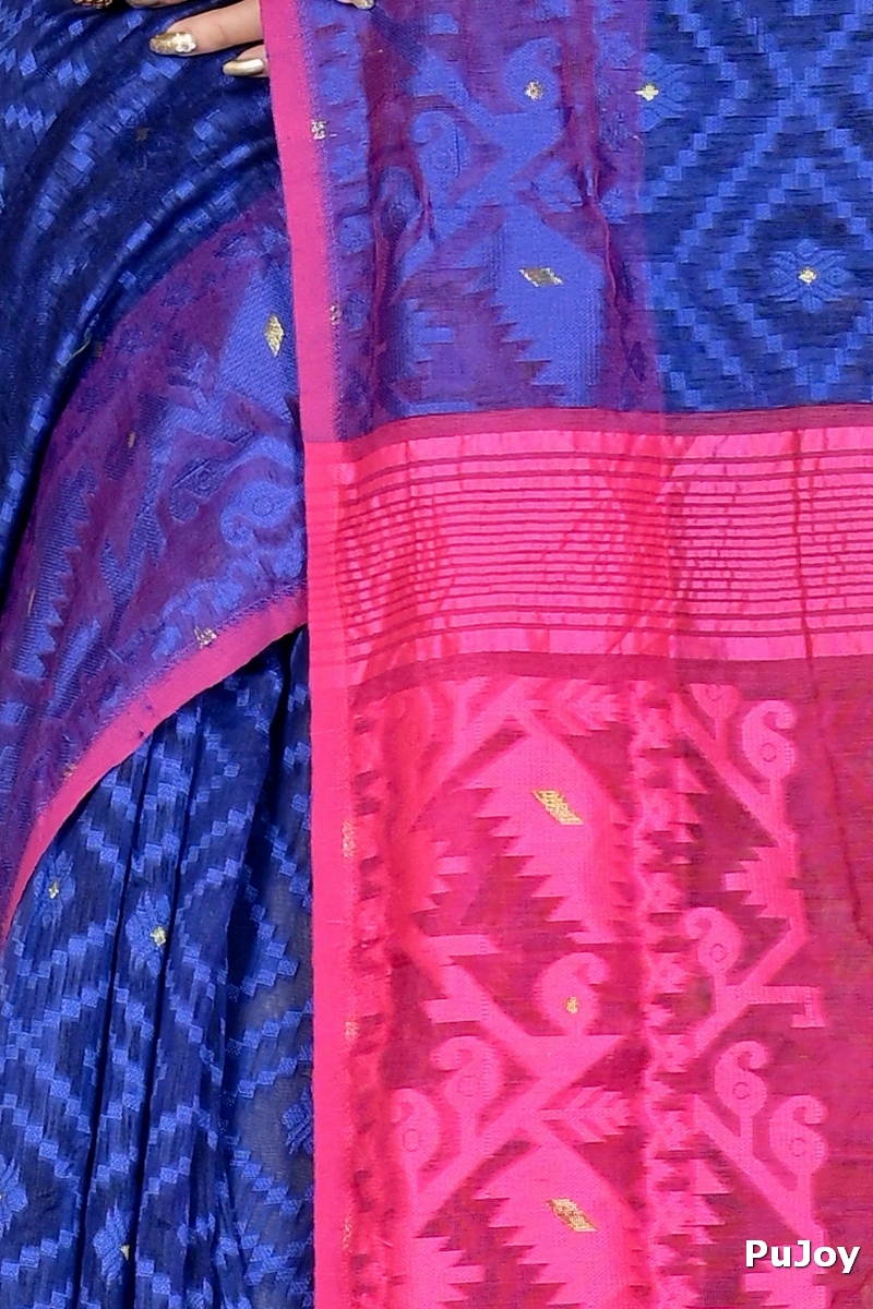 Blue Purple Blended Cotton Krokai Jamdani Saree (1704)