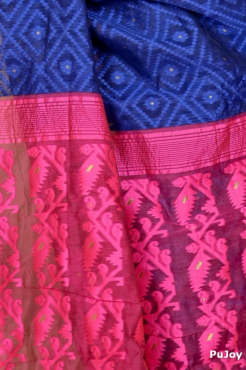Blue Purple Blended Cotton Krokai Jamdani Saree (1704)