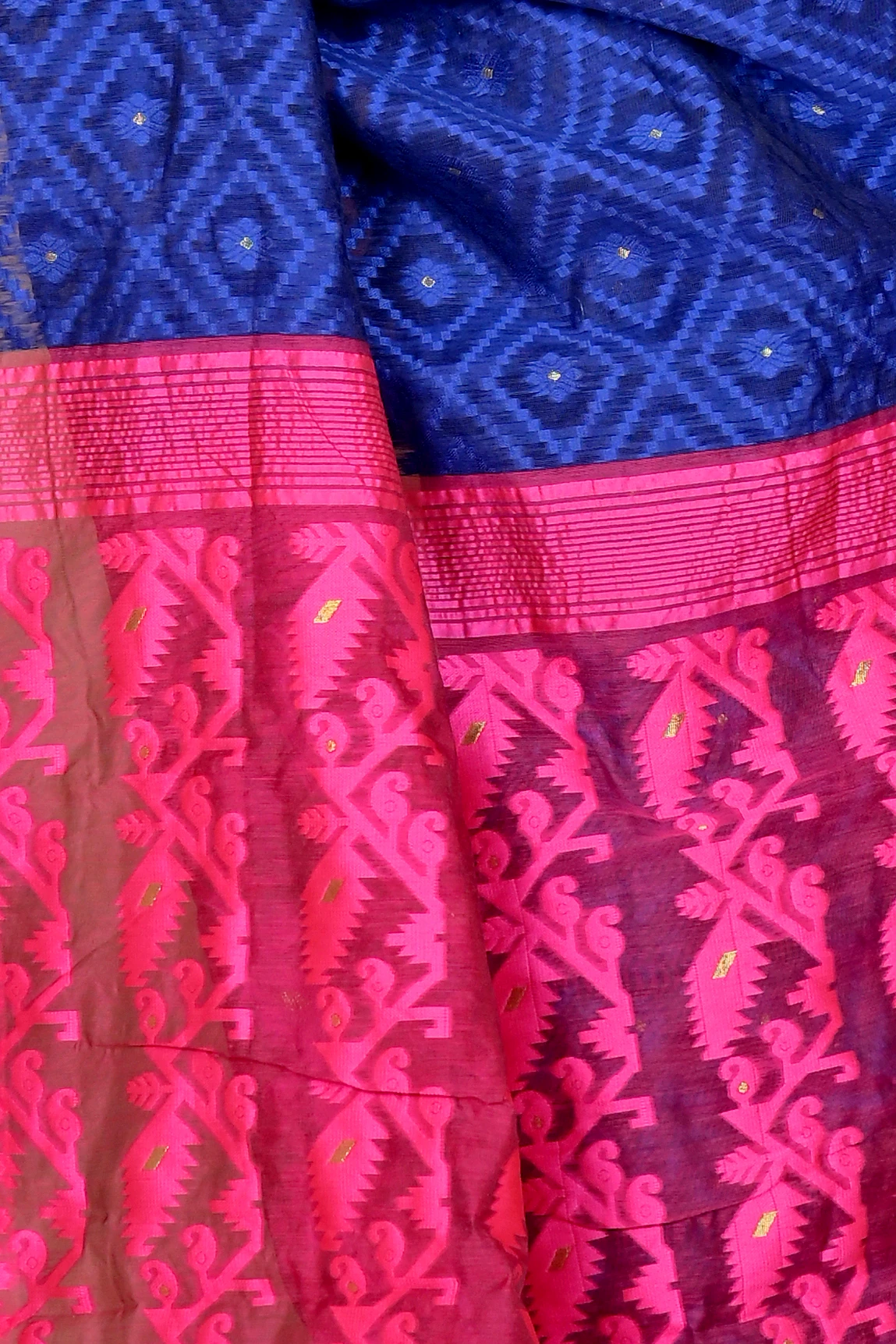 Blue Purple Blended Cotton Krokai Jamdani Saree (1704)