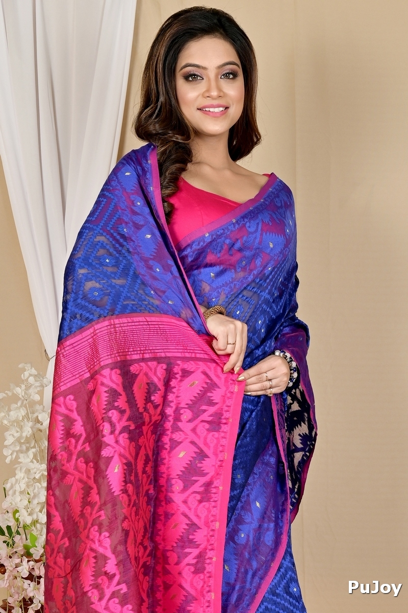 Blue Purple Blended Cotton Krokai Jamdani Saree (1704)