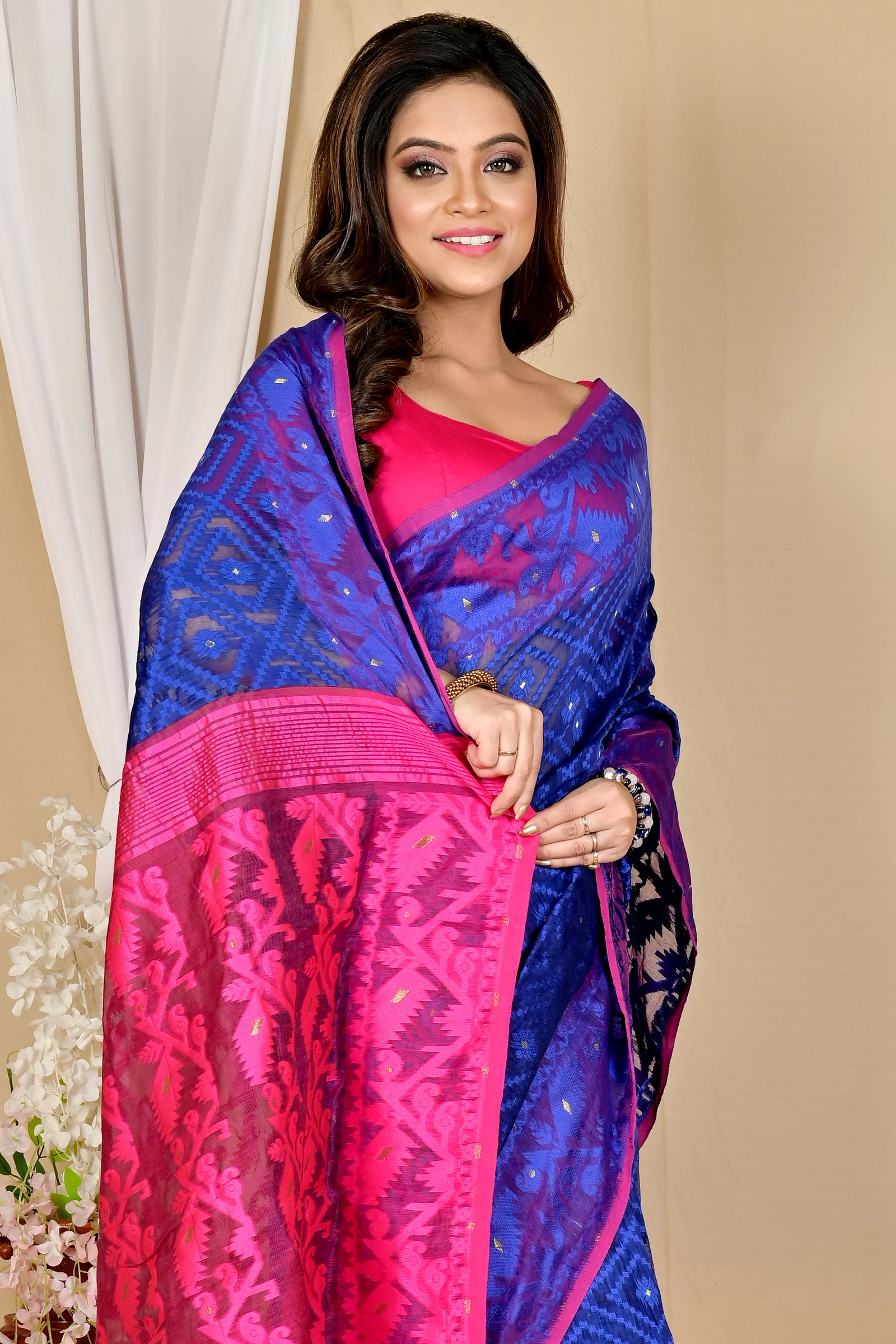 Blue Purple Blended Cotton Krokai Jamdani Saree (1704)