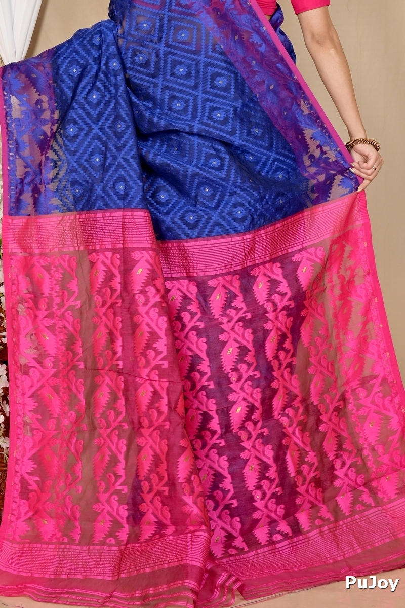 Blue Purple Blended Cotton Krokai Jamdani Saree (1704)