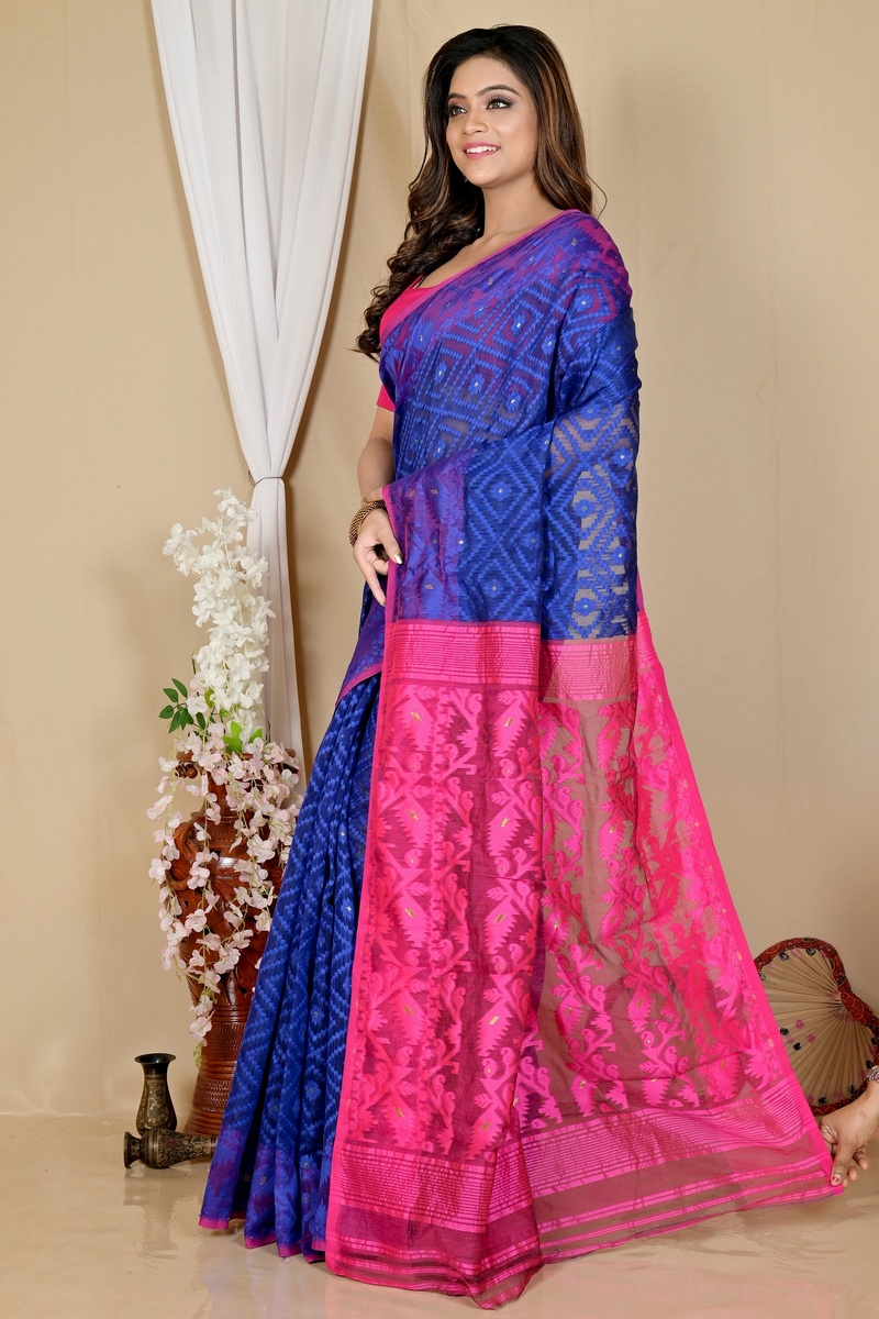 Blue Purple Blended Cotton Krokai Jamdani Saree (1704)