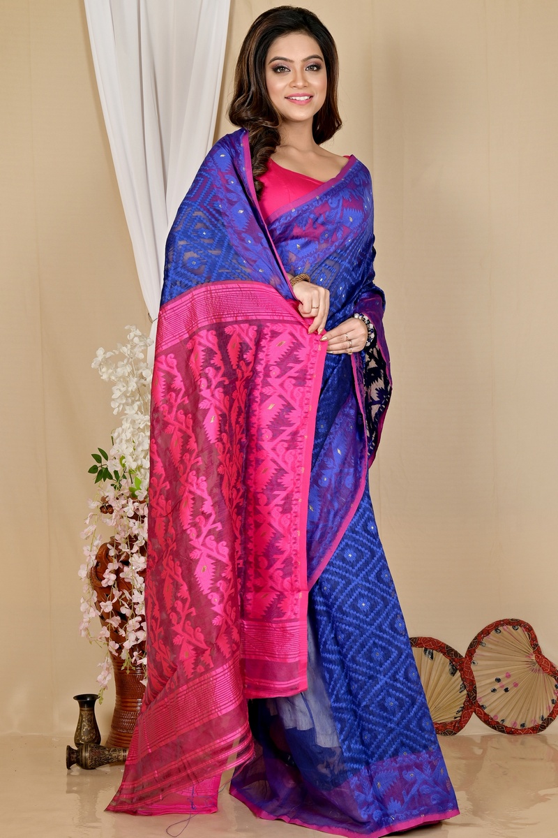 Blue Purple Blended Cotton Krokai Jamdani Saree (1704)