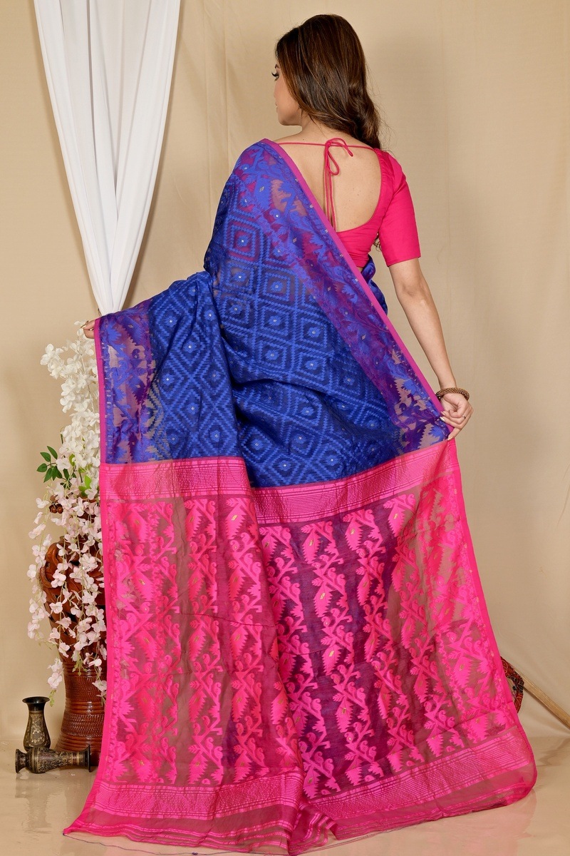 Blue Purple Blended Cotton Krokai Jamdani Saree (1704)