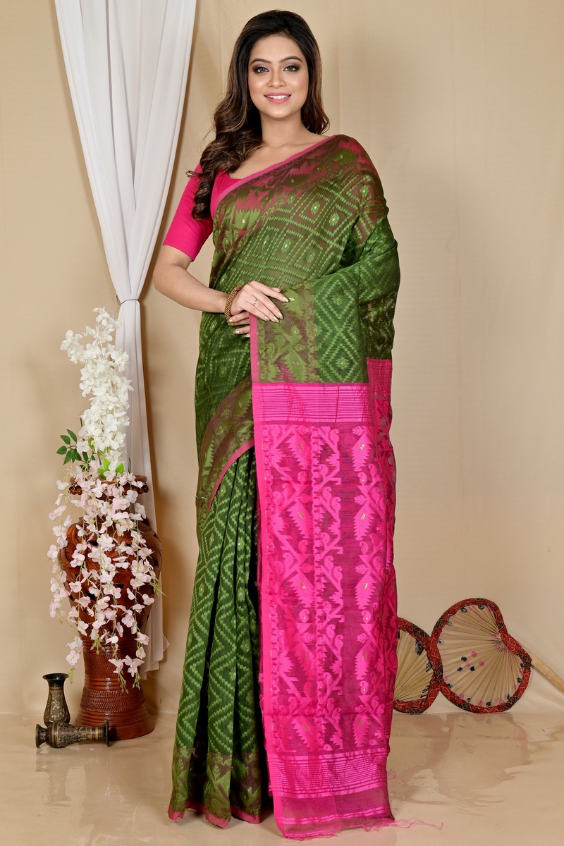 Green Purple Blended Cotton Krokai Jamdani Saree (1705)