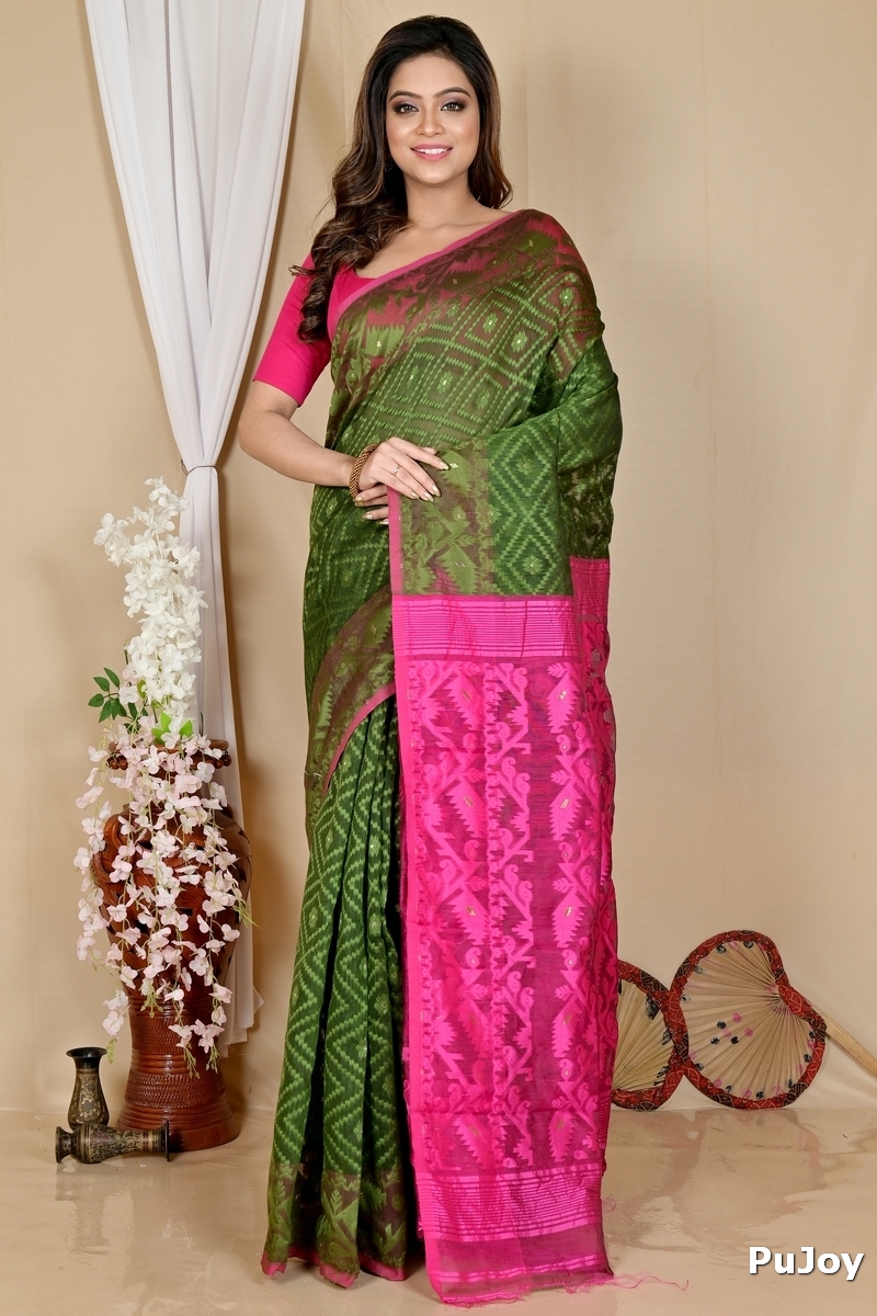 Green Purple Blended Cotton Krokai Jamdani Saree (1705)