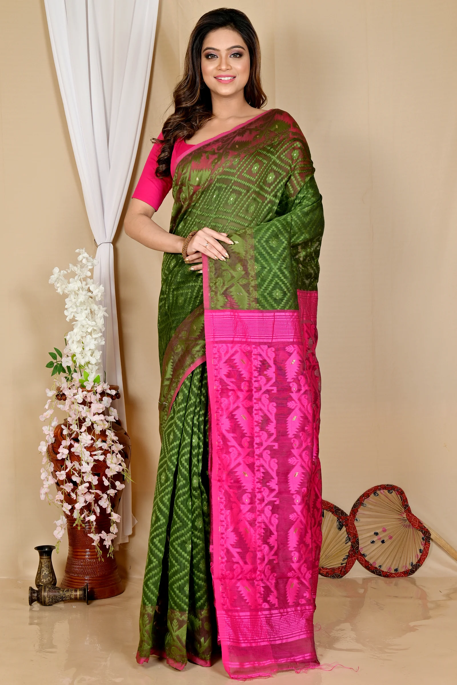 Green Purple Blended Cotton Krokai Jamdani Saree (1705)