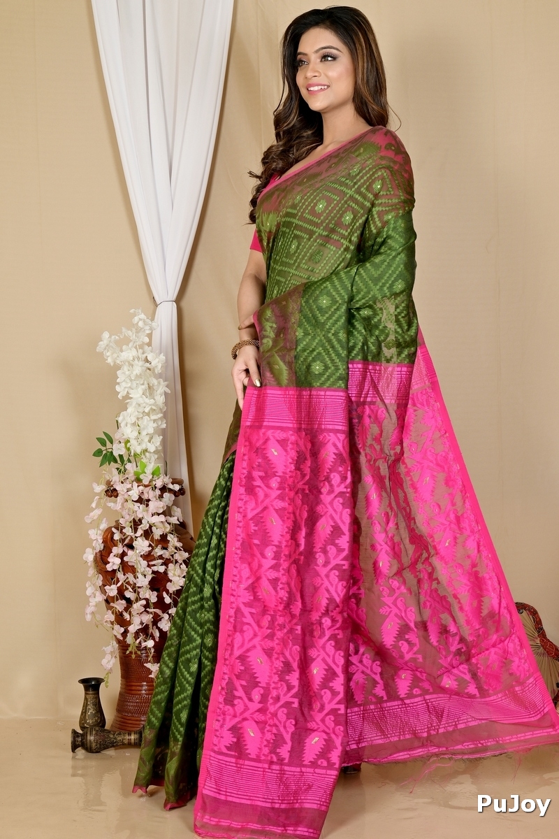 Green Purple Blended Cotton Krokai Jamdani Saree (1705)