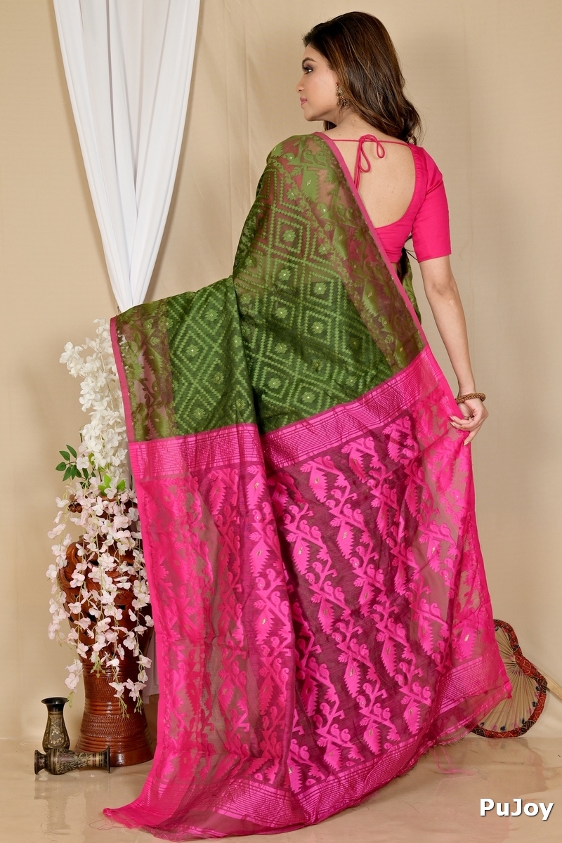 Green Purple Blended Cotton Krokai Jamdani Saree (1705)