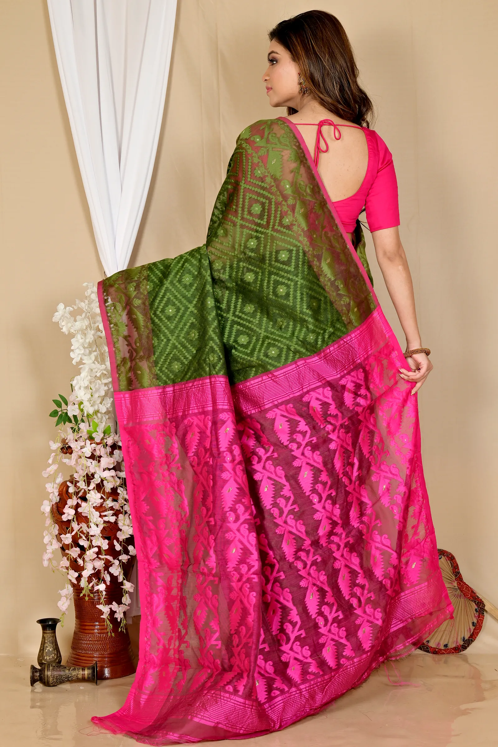 Green Purple Blended Cotton Krokai Jamdani Saree (1705)