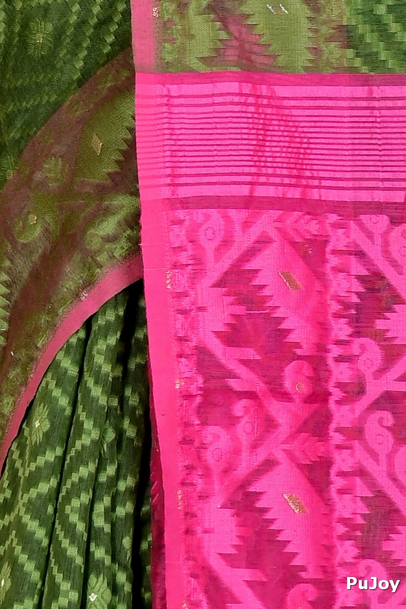 Green Purple Blended Cotton Krokai Jamdani Saree (1705)