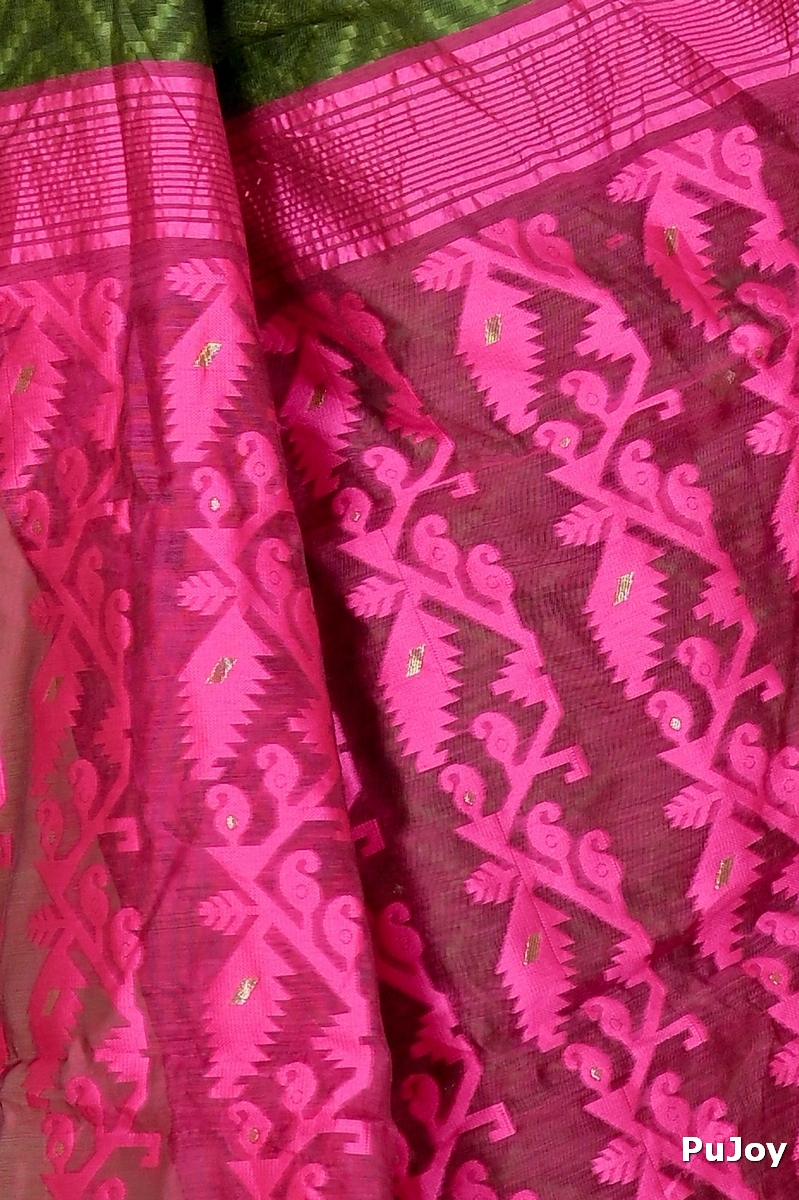 Green Purple Blended Cotton Krokai Jamdani Saree (1705)