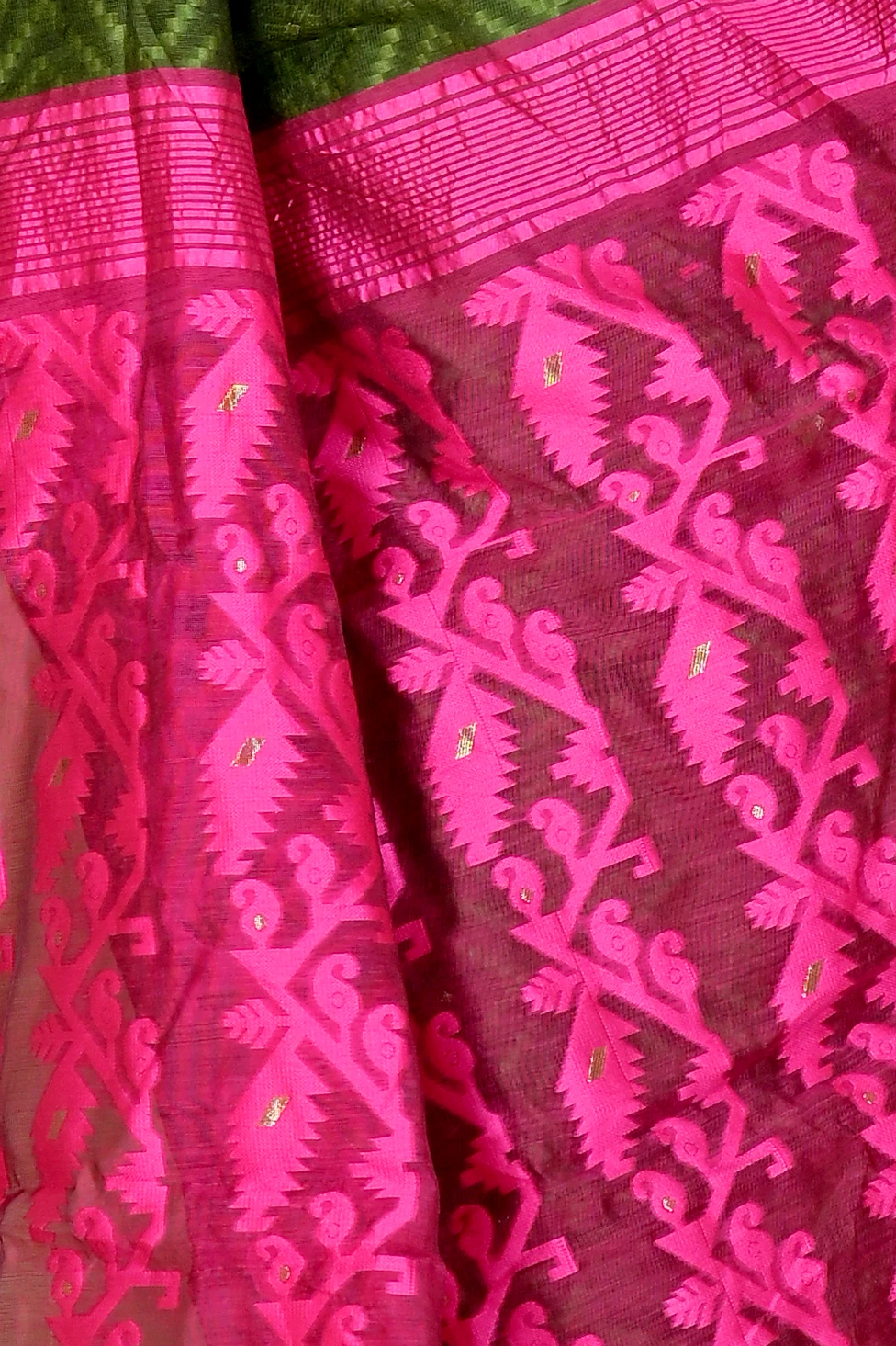 Green Purple Blended Cotton Krokai Jamdani Saree (1705)