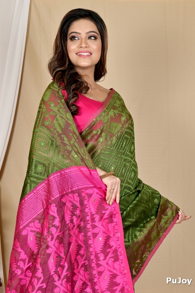 Green Purple Blended Cotton Krokai Jamdani Saree (1705)