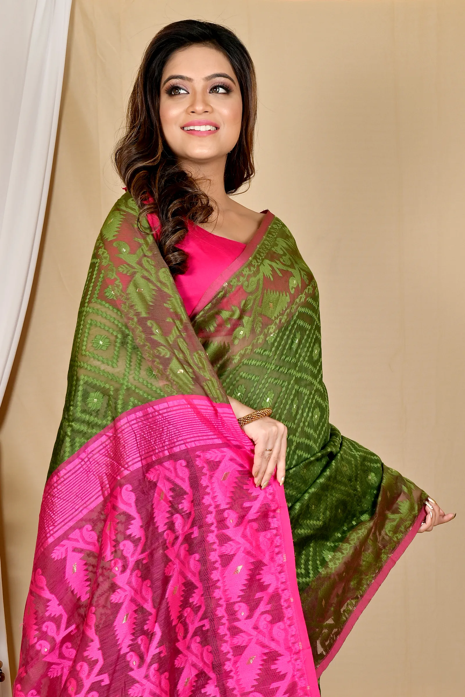 Green Purple Blended Cotton Krokai Jamdani Saree (1705)