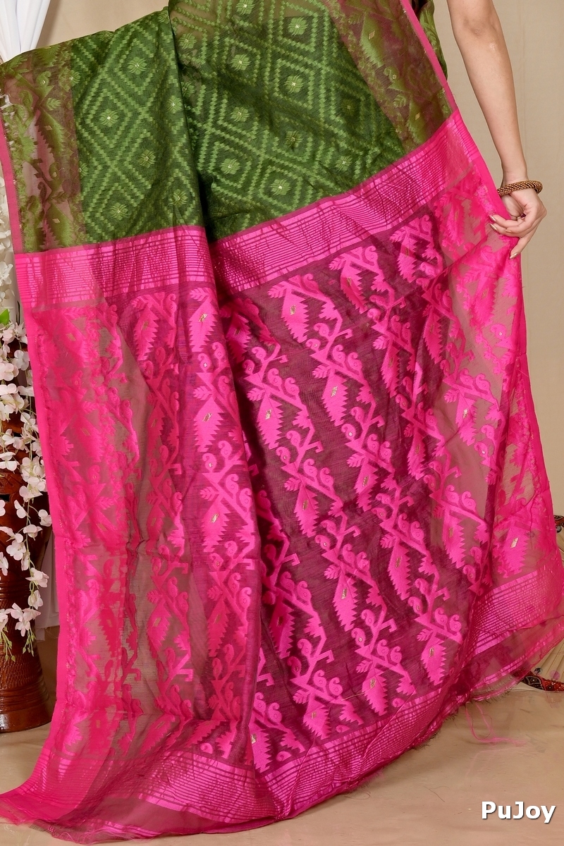 Green Purple Blended Cotton Krokai Jamdani Saree (1705)