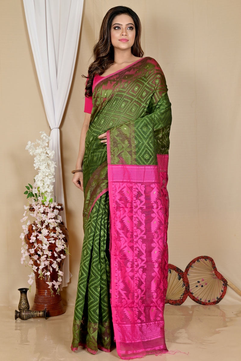 Green Purple Blended Cotton Krokai Jamdani Saree (1705)