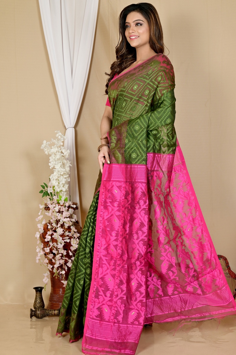 Green Purple Blended Cotton Krokai Jamdani Saree (1705)