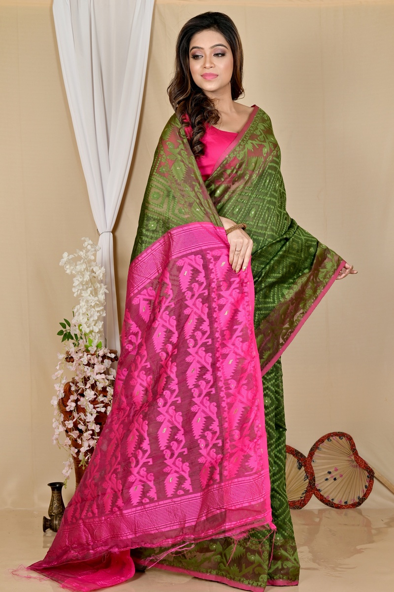 Green Purple Blended Cotton Krokai Jamdani Saree (1705)