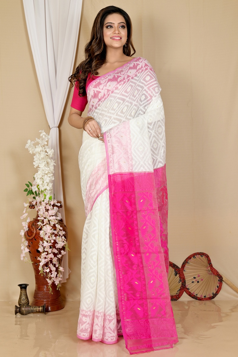 White Purple Blended Cotton Krokai Jamdani Saree (1706)