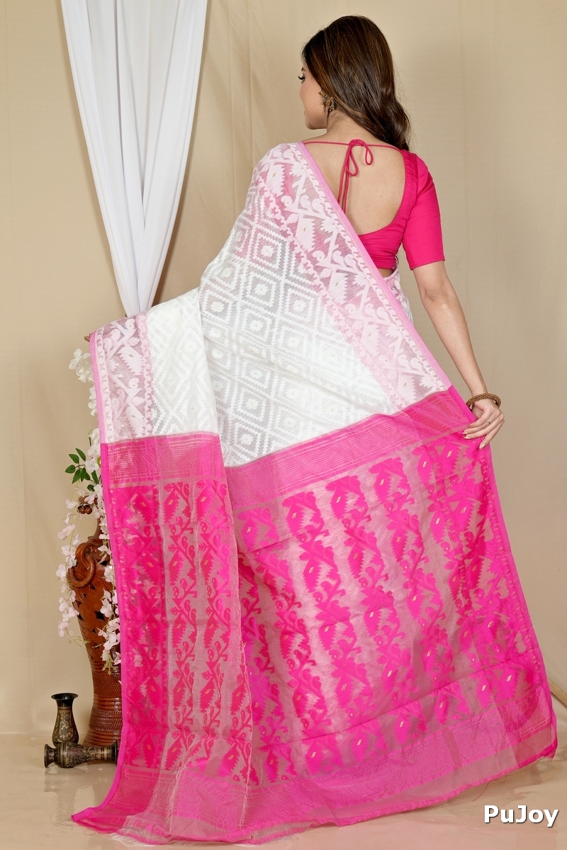 White Purple Blended Cotton Krokai Jamdani Saree (1706)